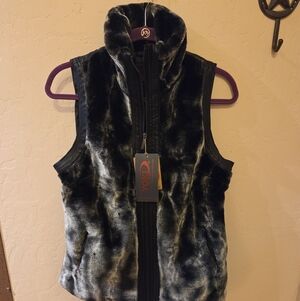 Black and Gray Faux Fur, Faux Leather Vest. SZ M